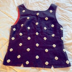 Anthro Odille Navy Linen Tank Top Beaded Polka Dot Blouse Size 2